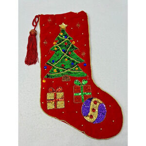 Vtg International Silver Co Christmas Sequin Christmas Stocking Tassel Velvet